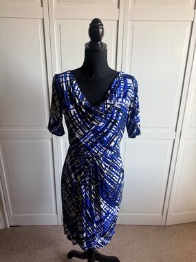 Ellen DeGeneres Blue and White Abstract Midi Dress